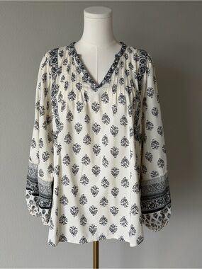 Old Navy Cream & Black Botanical Floral Motif Boho Peasant V-Neck Tunic Blouse L